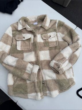 PacSun Cream & Beige Plaid Sherpa Shacket
